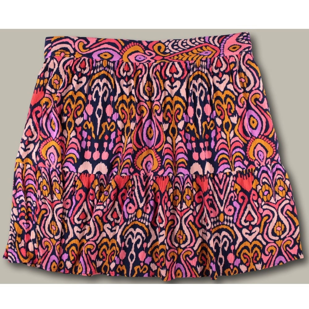 Boden Grace Crinkle Skirt US 16 18 Plus Size Viscose Navy Pink Ikat Boho R0144